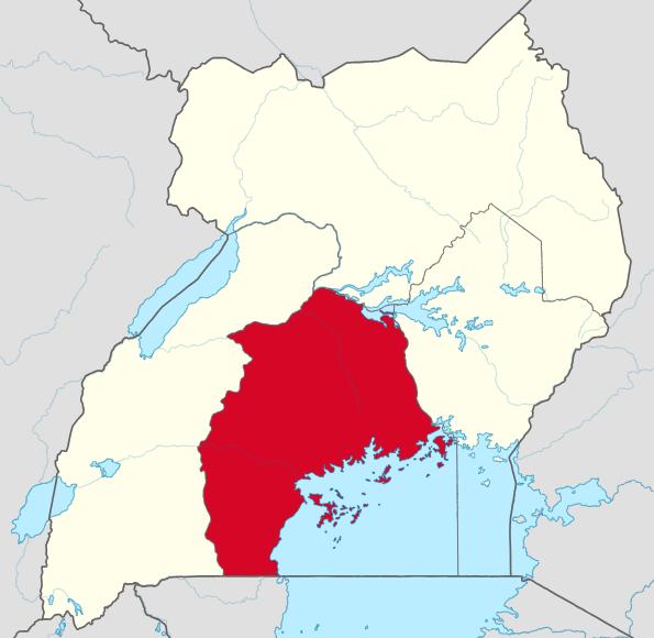 Cartina dell'Uganda con la regione di Kampala evidenziata in rosso