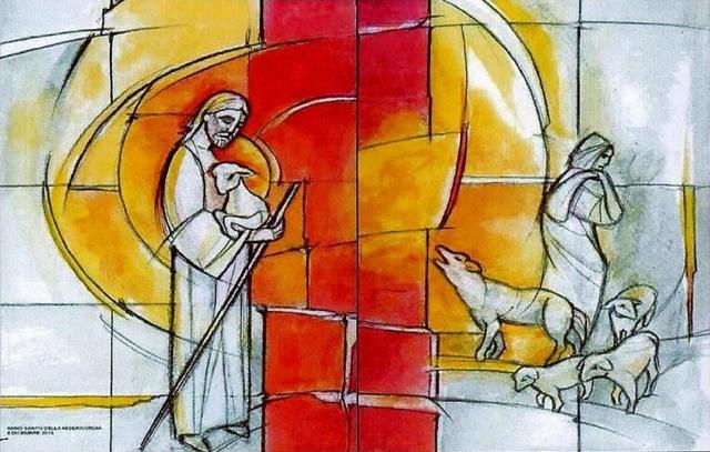 Il Buon Pastore, vetrata del portone d'ingresso della chiesa