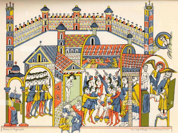 Miniatura medievale con l'adorazione degli idoli nel tempio